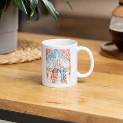 Destiny Heart Echo's Gang Manga Ceramic Coffee Mug - Unique Anime-Inspired Cup for Manga Lovers |  on a wooden table surrounded by a pot of coffee and a potted plant